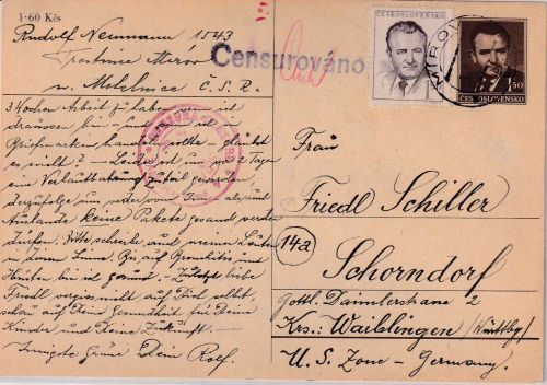 Tschechoslowakei - 1,50 Kc. Gottwald Ganzsachenkarte+Zusatz Mirov 1950 Zensur