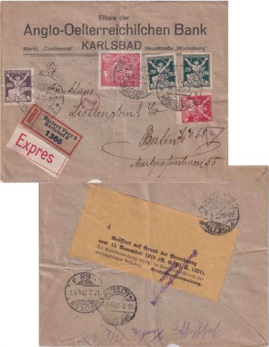 Tschechoslowakei - 100 H. Kettensprenger u.a. Eil-Einschreibebrief Karlsbad 1922