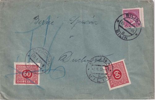 Tschechoslowakei - 1 Kc. Masaryk Brief Bilin - Dux 1937 nachporto