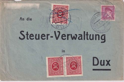 Tschechoslowakei - 1 Kc. Masaryk Brief Hostomice - Dux 1937 nachporto