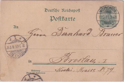 DR - Woischnik 11.3.01 Tagesstempel 5 Pfg. Ganzsachenkarte n. Breslau