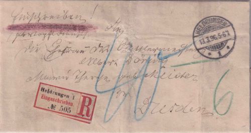 DR - Heldrungen 1896 portopfl. Dienstsache/Einschreiben n. Dresden Nachporto