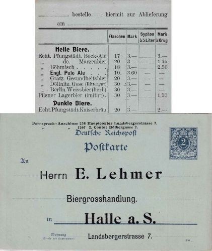 DR - 2 Pfg. K/A Ganzsachenkarte priv. Zudruck Biergroßhandlung Lehmer Halle
