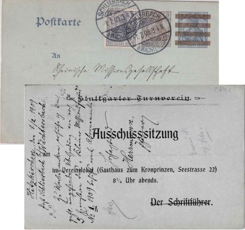 DR - 2 a. 3 Pfg. Germania Ganzsachenkarte + Zusatz Schlierbach - Barmen 1909