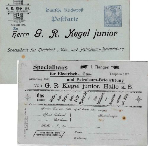 DR - 2 Pfg. Germania/Reichspost Ganzsachenkarte m. priv. Zudruck Fa. Kegel Halle