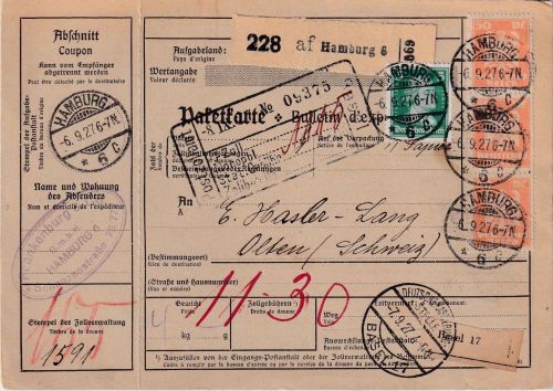 DR - 3x50 Pfg. Adler u.a. Paketkarte i.d. SCHWEIZ Hamburg 6 - Olten 1927