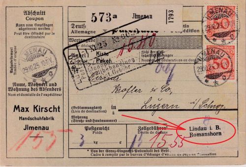 DR - 3x50 Pfg. Korbdeckel u.a. Paketkarte i.d. SCHWEIZ Ilmenau - Luzern 1925