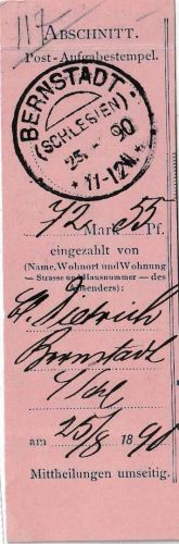 DR - Bernstadt (Schlesien) 25.8.90 KOS Einlieferungsabschnitt f. Postanweisung