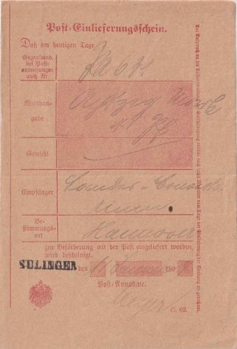 DR - Sulingen L1 Post-Einlieferungsschein (PAnw. n. Hannover) 1899