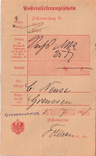 DR - Grossenehrich L1 Post-Einlieferungsschein (PAnw. n. Greussen) 1908