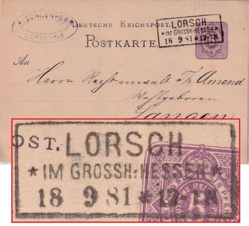 DR - Lorsch im Grossh. Hessen 18.9.81 Ra3 5 Pfg. Ganzsachenkarte n. Langen