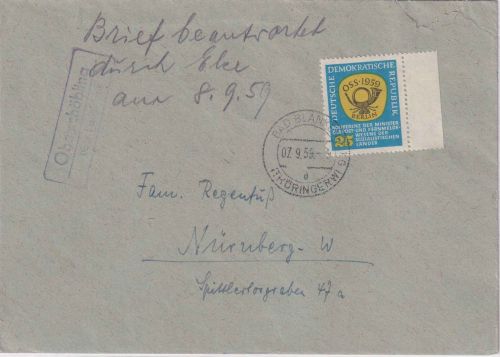 DDR - 25 Pfg. Postkonferenz Brief Landpost Ra2 Oberschöbling ü. Rudolstadt 1959