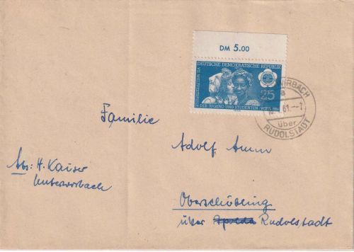 DDR - 25 Pfg. Weltfestspiele Jugend Oberrand Brief Unterwirbach 1961
