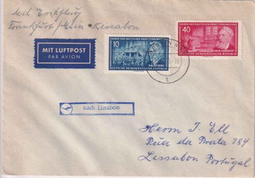 DDR - Lufthansa Erstflug FFM/Lissabon Zuleitungspost Berlin NW7 27.9.55