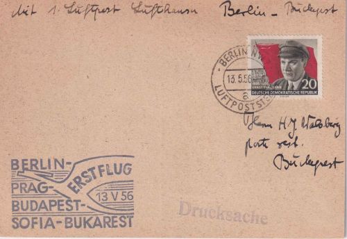 DDR - DDR-Lufthansa Erstflug Berlin/Budapest Luftpostkarte 13.5.56