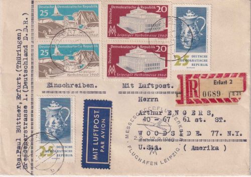 DDR - Messe-Sonderflugpost Lupo-Einschreibebrief n. USA Erfurt - Woodside 1960