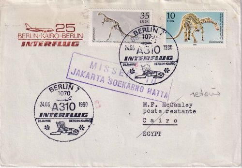 DDR - Interflug Erstflug Berlin - Cairo 1990 Luftpostbrief - Irrläufer