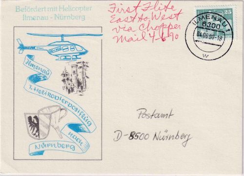 DDR/VGO - Ilmenau 1990 Helikopterpost Karte n. Nürnberg