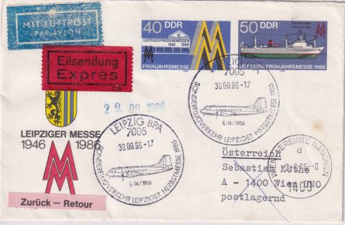 DDR - Leipzig Herbstmesse Sonderflug n. Wien Sonderganzsache/Lupo-Eilbrief 1986