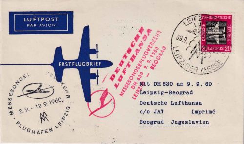 DDR - Leipzig Messe Sonderflug n. Belgrad/JUGOSLAWIEN Luftpostbrief 1960