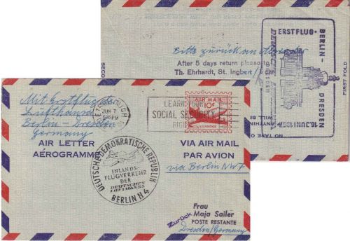 USA - Lufthansa Erstflug Berlin Dresden Zuleitungspost 10 C. Aerogramme 1957