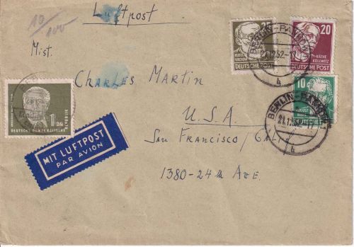 DDR - 1 DM Pieck ua. Luftpostbrief n. USA Berlin-Pankow - San Francisco 21.12.52