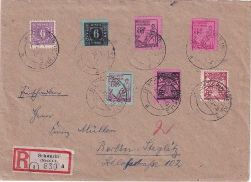 SBZ/Meck-Pom. - Freimarkenausgabe Teilsatz Einschreibebrief Schwerin 22.11.45