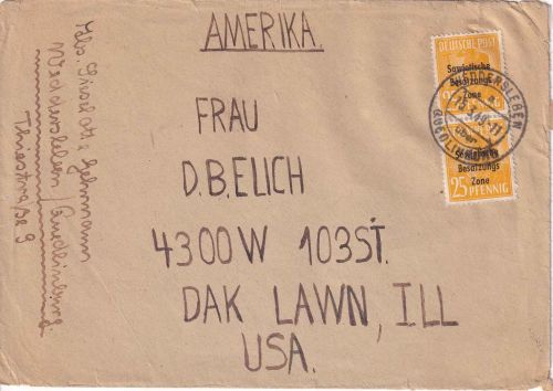 SBZ - 2x25 Pfg. Arbeiter/Überdruck Brief n. USA Weddersleben ü. Quedlinburg 1949