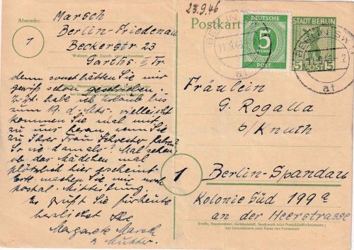 SBZ/Brandenburg - 5 Pfg Ganzsachenkarte + 5 Pfg. Ziffer Ortskarte Berlin 11.9.46
