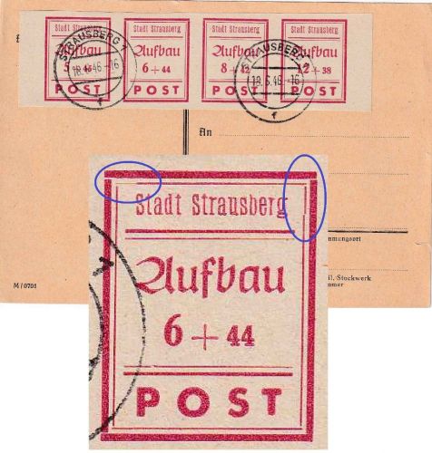 SBZ/Lokalausgabe Straussberg - Wiederaufbau 4er-Streifen geschn. gestpl. 18.6.46