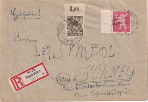 SBZ/Brandenburg - 12+30 Pfg. Freimarken Einschreibebrief Berlin-Köpenick 16.2.46