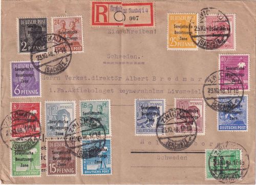 SBZ - Arbeiterserie/Überdruck Satz-R-Brief n. SCHWEDEN Zwickau 23.10.48
