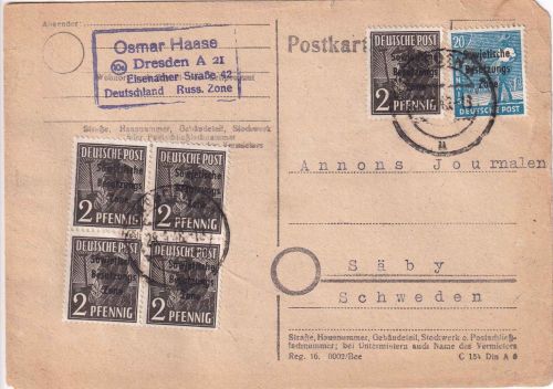 SBZ - 20+5x2 Pfg. Arbeiter/Überdruck Karte n. SCHWEDEN Dresden - Säby 28.9.48