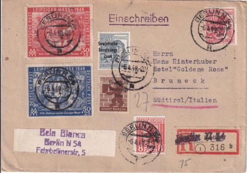 SBZ - 30+50 Pfg. Leipziger Frühjahrsmesse u.a. Einschreibebrief n. ITALIEN 1949