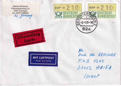 BRD - 2x210 Pfg. ATM Lupo-Eilbrief/FDC n. ISRAEL Berchtesgaden - Haifa 2.1.81