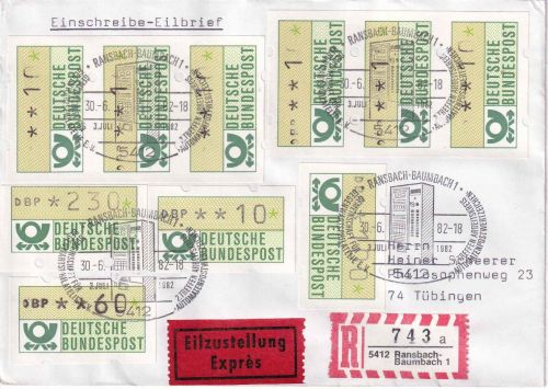 BRD - 10 Pfg. ATM 3x3er-Streifen u.a. Eil-R-Brief SST Ransbach-Baumbach 30.6.82