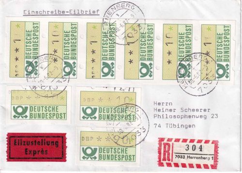 BRD - 10 Pfg. ATM 6er-Streifen u.a. Eil-R-Brief Herrenberg - Tübingen 1982