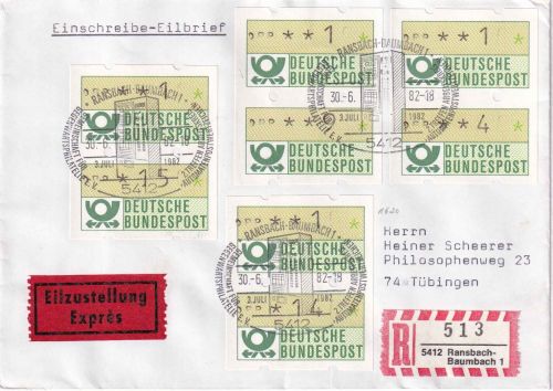 BRD - ATM-Paare mit versch. Wertstufen Eil-R-Brief Ransbach-Baumbach 1982