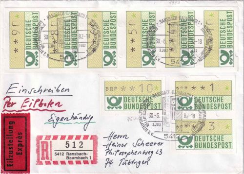BRD - ATM 6er-Streifen mit versch. Wertstufen Eil-R-Eigenh.-Brief Ransbach1982