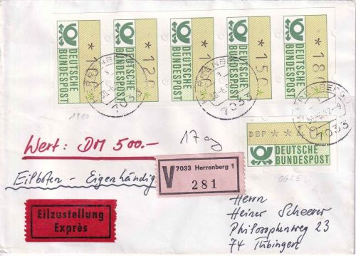 BRD - ATM/versch. Wertstufen im 5er-Streifen u.a. Eil-Wert-Eigenh.-Brief 1982