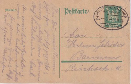 DR - Bahnpost Cöln/Hannover Z.6 5 Pfg. Ganzsachenkarte Dortmund - Barmen 1924