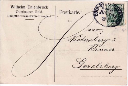 DR - Bahnpost Cöln/Deutz/Hannover Zug 213 Karte Oberhausen - Gevelsberg 1913