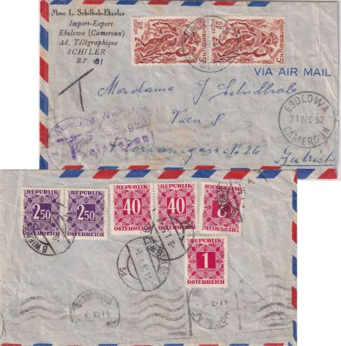Kamerun - Ebolowa 1952 unterfrank. Luftpostbrief n. Wien - Nachporto !
