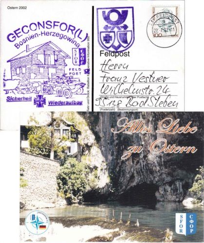 BRD - Feldpost 731 GECONSFOR (L) BiH Osterkarte n. Bad Steben 2002