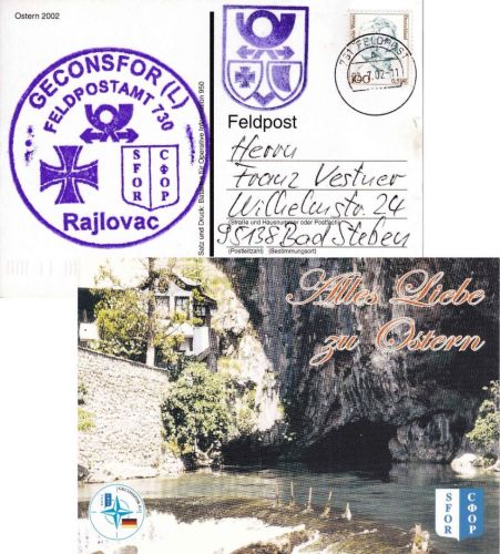 BRD - Feldpost 730/731 GECONSFOR (L) Rajlovac Osterkarte n. Bad Steben 2002