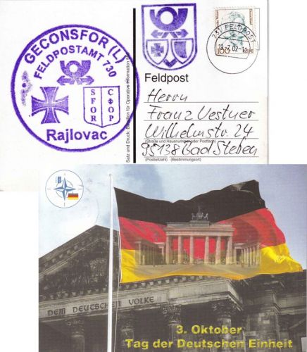 BRD - Feldpost 730/731 GECONSFOR (L) Rajlovac Karte n. Bad Steben 2002