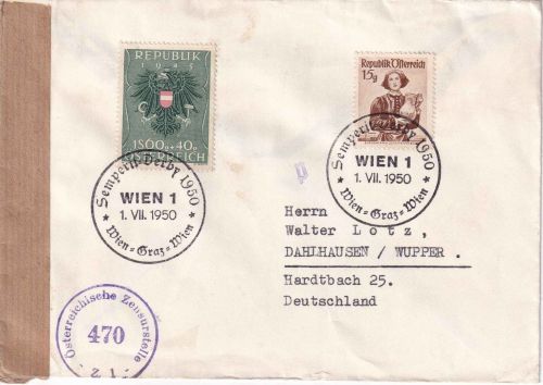 Österreich - 1 S. Fürsorge u.a. Zensurbrief SST Wien Semperit-Derby 1.VII.1950