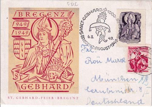 Österreich - 30g Hl. Gebhardt u.a. Sonderkarte/FDC ESST Bregenz 1949