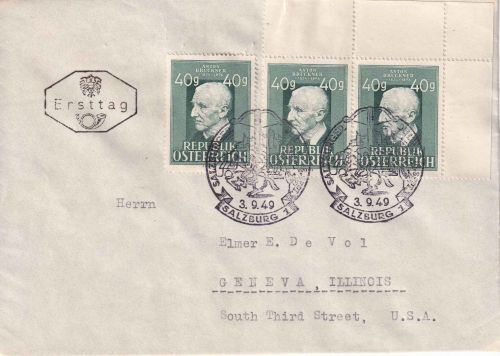 Österreich - 3x40g Anton Bruckner Ersttagsbrief/FDC n. USA ESST Salznurg 3.9.49