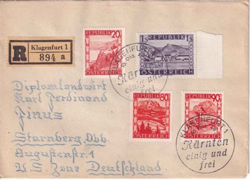 Österreich - Klagenfurt "Kärnten einig und frei" 10.10.1948 SST Einschreibebrief